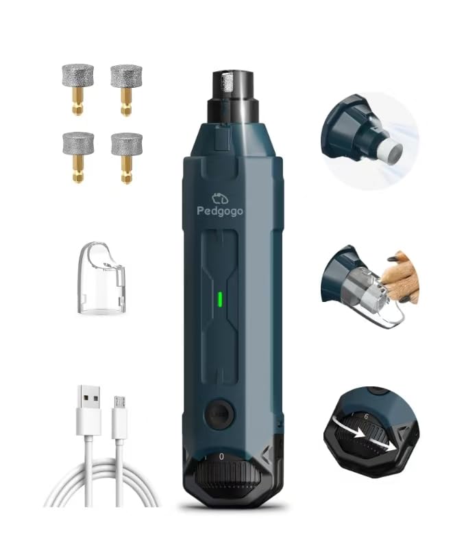 6-Speed Dog Nail Grinder& 5 Grinding Heads with 2 LED Lights | Super Quiet (45 db) Pet Nail grinder 12000RPM & 3 Grinding Ports with Dust Cap Dog Nail Trimmer for Large Medium Small Dogs - size: Blue+5 Heads