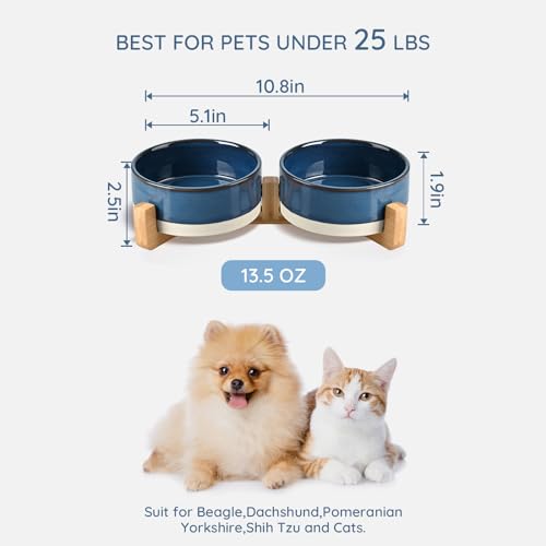 SPUNKYJUNKY Ceramic Dog and Cat Bowl Set with Wooden Stand, Modern Cute Weighted Food Water Bowl Set for Small Size Dogs (1.7 Cups, 2 × Pattern Blue) - color: Pattern Blue × 2, size: 1.7 cups