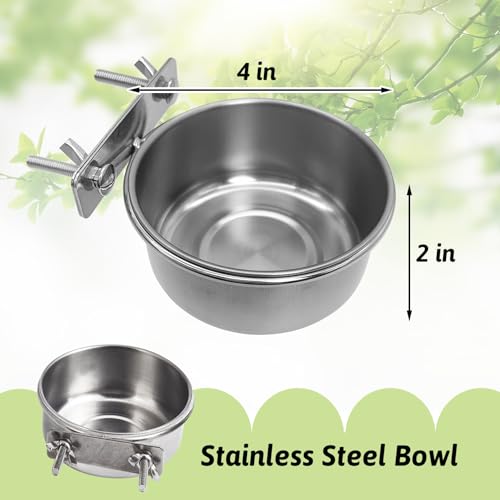 Tfwadmx 4 Pcs Stainless Steel Bird Bowls with Clamp,Clamp Holder Coop Cup,Bird Dishes for Cage, Cage Water Bowl for Cockatiels Lovebird Budgie Chinchilla