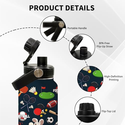 Soccer 32oz Water Bottle, Leak-proof Bottle, Insulated Coffee Cup | 32oz Stainless Steel Tumbler, with Handle & Lid Reusable Mug, Christmas Birthday Gift for Sports Lover - color: Ball