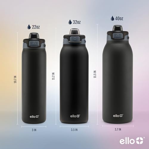 Ello Pop & Fill Insulated Stainless Steel Water Bottle with Quick Fill Lid, Leakproof Locking, Sip or Chug Spout, BPA-Free, Double Wall Vacuum Insulated for Sports, Travel & School- 22oz / 32oz / 40oz - color: Black, style: 22oz