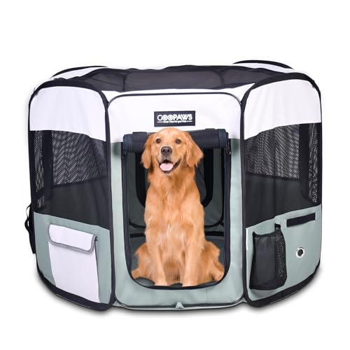 JESPET 61" Pet Dog Playpens, Portable Soft Dog Exercise Pen Kennel with Carry Bag for Puppy Cats Kittens Rabbits,Shale Green | 2-Door, Easy to Fold, Ground Stakes, Zipper Locks, Large Storage Pocket, Washable Top Mesh Cover & Bottom Cover - color: Shale G
