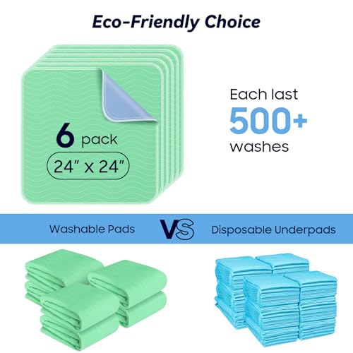 6 Pack 24” x 24” Extra Heavy Absorbency Washable Underpads Bed Pads | WaterProof Nursing Pads Incontinence, Reusable Washable Pee Pads for Dogs, Diaper Changing & Adults, Washable Puppy Pads - size: 6 Pack - 24" x 24"