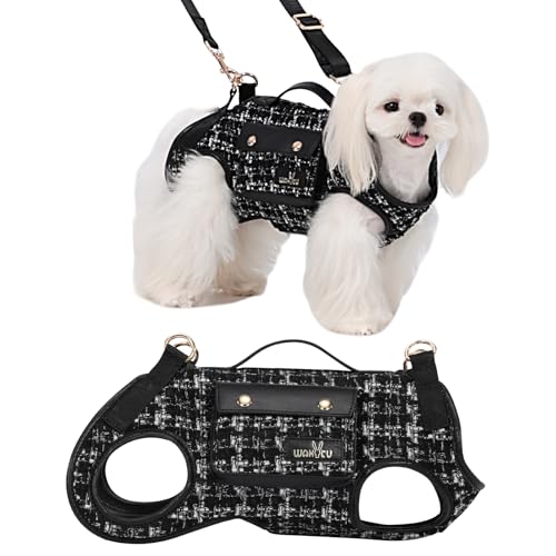 Wakytu Dog Lift Harness Dog Carrier Sling for Small Dogs & Cats,S | stylish puppy sling carrier with handle & pocket,adjustable leash,walking & travel - color: 2.0 Black, size: Small(4-8 LBS)