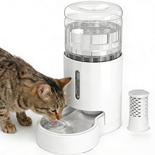 JUNSPOW Cat Water Dispenser with Filter and Stainless Steel Bowl (4L White) | Automatic Gravity Water Dispenser for Cats or Small Medium Size Dogs, Large Capacity, Easy to Clean - color: White, size: 4L + Filter