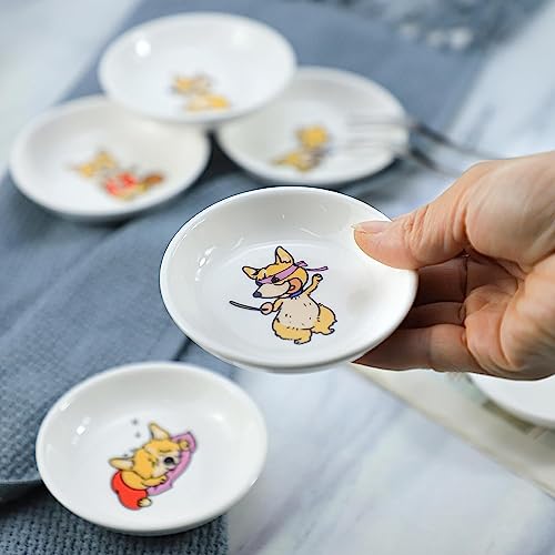 Super Cute Cartoon Animal Pattern Ceramic Sauce/Seasoning/Sushi Soy Dipping Bowl/Appetizer Plates/Serving Dish for Kitchen Home (Set of 6) - Corgi - color: Sporting Corgi