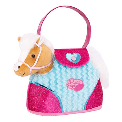 Pucci Pups Pucci Pals Plush Horse Carrier Set, Beige Horse Purse, Pet | Beige plush horse with white mane and tail, blue saddle, pink and blue carrier bag, carrot and comb for play, Pet, 2+ Years - style: Horse - Blue & Pink Bag