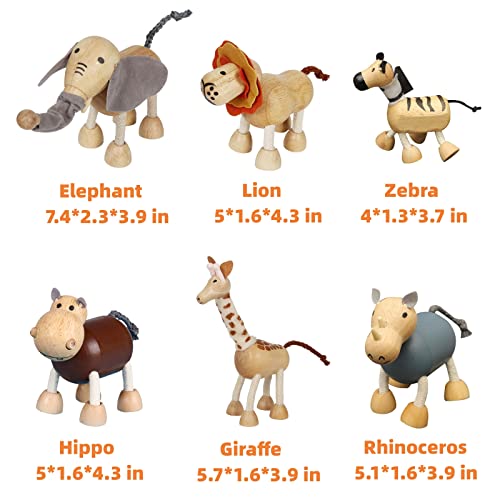 6 Pack Bendable Wooden Animal Figurines Toys, Smooth Natural Wood Zoo Jungle Safari Animals Figures - color: 6 Pack Zoo