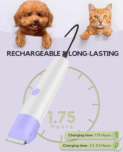 Dog Clippers Grooming Kit, 4 in 1 Quiet Cordless Dog Paw Trimmer & Nail Grinder, Small Cat Clippers Electric Rechargeable Low Noise Pet Shaver for Trimming Hair on Paw Eye Ear Face (Purple) | Quiet Cordless Dog Hair Trimmer for Paw Nail Grinder, Cat Groom