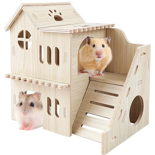 Hamster House,Tiny House with Slide House, Double-Decker Hut, Hamster Cage Accessories,Small Animal Habitat Decor for Small Hamster