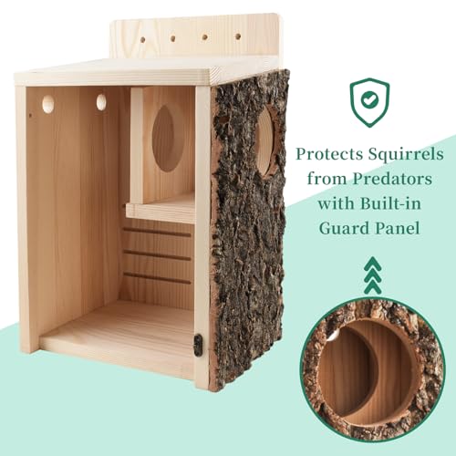 Large Squirrel Nesting Box with Predator Guard | Easy Assembly Squirrel Houses for Outside Nesting, Wooden Nesting Box for Squirrels, Chipmunk, Bird, Small Animals - size: Large