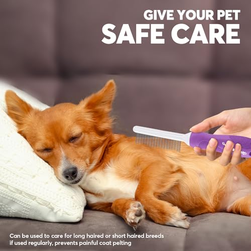 GENPEPADO Grooming Comb for Dogs and Cats with Matted Hair, Detangling Pet Comb with Long and Short Stainless Steel Metal Fine Teeth for Removing Mats, Tangles, Knots & Loose Fur from The Undercoat - color: Purple