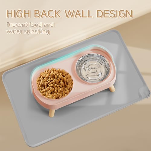 Elevated Cat Bowl with Food Mat, Raised Cat Food and Water Bowl Set for Indoor Cats, Splash Proof with 2 Stainless Steel Pet Food Bowls for Cats and Puppies,Whisker Fatigue and Dishwasher Safe (Pink) - color: Cat Bowls with mat - pink