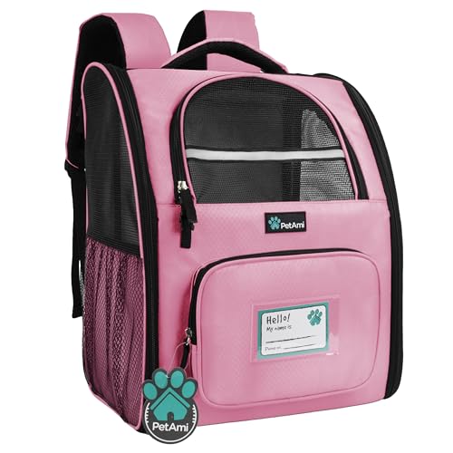 PetAmi Dog Backpack Carrier Airline Approved Cat Pet Puppy Bag, Pink | Ideal for Small Medium Large Pet up to 18 lb, 2 Side Entry Structured No-Collapse Frame, Ventilated Bookbag for Hiking Travel - color: Pink