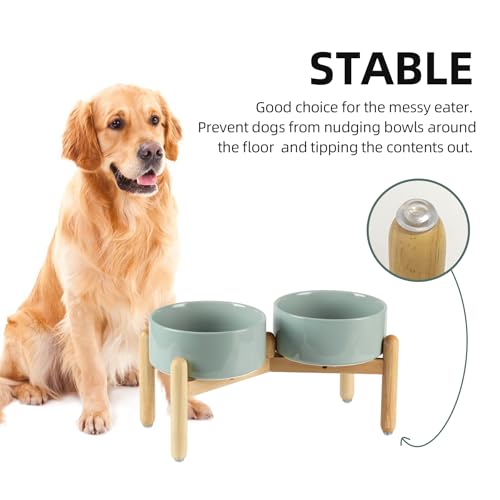 Havniva Elevated Dog Bowls Ceramic Dog Bowls with Stand, Dog Food Bowl | 7.3” Raised Dog Bowls with Non-Slip Wood Stand, Dog Food and Water Bowl Set, Double Dog Feeding Bowls for Medium Dogs - color: 2 Bowls+Stand - Light Green, size: 7.3inch