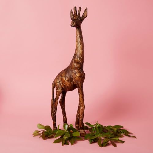 Large Wood Animal Sculptures Set for Room Decor, Giraffe, Hippo, Rhino, Lion and Elephant Statues, Brown - size: Set of 5