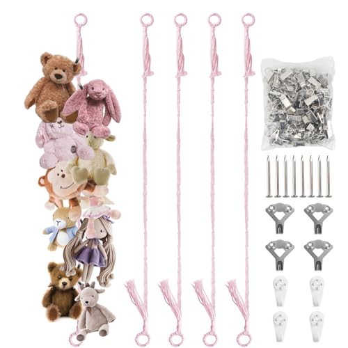 Munzong Stuffed Animal Storage Chain 80 Inch, 4pcs Pink Wall Hanging | Stuff Animals Organizer with 80 Clips Cotton Toy Display Chain Toys Organizers Holder for Room Wall Corner Decor - color: Pink, size: 4 Pack