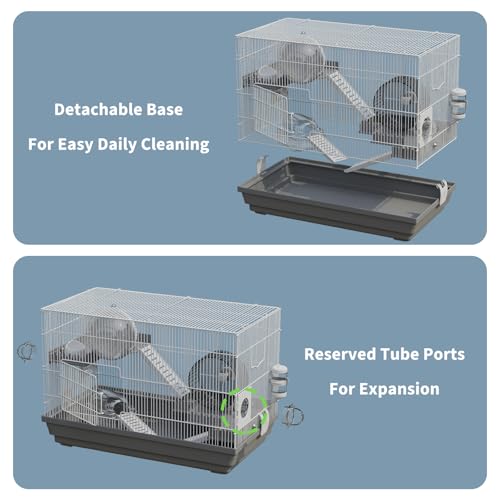 Large Hamster Cage Starter Kit 22x13x15in for Syrian Hamster Dwarf Hamster | Multilevel with Hanging Hideout Ø6", Silent Wheel Ø6", Sand Bath, Tube Ports, Platforms, Ladders, Water Bottle, Food Bowl