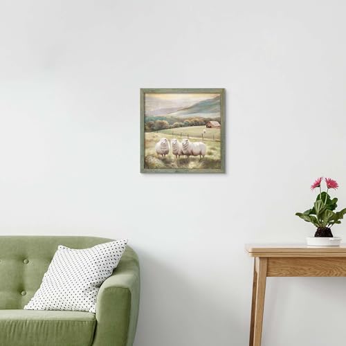 Farmhouse Animal Wall Art Decor: Bathroom Picture Rustic Barn Framed Wooden Print Farm Landscape Sheep Artwork Painting for Bedroom Home 12 x 12 Inches - color: Farm Sheep, size: 12L" x 12W"