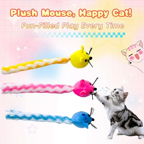 Cat Toy, 3 Pack Plush Catnip Cat Mouse Toy with Colorful Long Dangling Tails, Interactive Cat Toy 2.36” Soft Furry Mice Kitten Toy for Bored Indoor Adult Cat Chew Biting Carry Fun Play