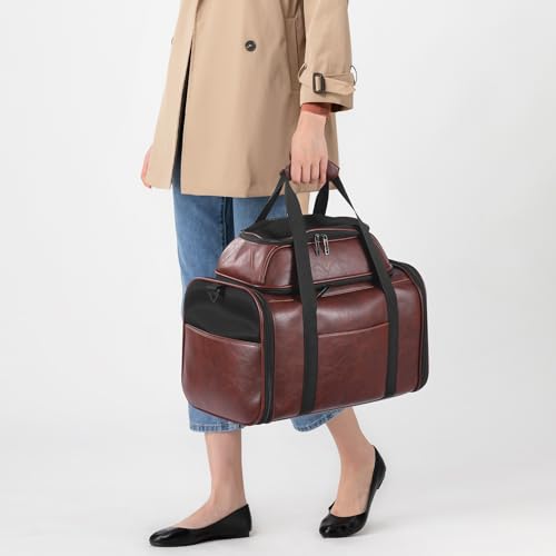 Premium Leather Top Expandable Pet Carrier for Small Dogs & Cats Under 15 lbs, Airline Approved Collapsible Soft-Sided Luxury Travel Bag Coffee - color: Coffee