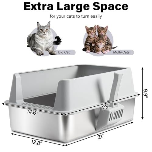 Stainless Steel Litter Box, Extra Large Cat Litter Box for Big Cats | High Sided, Anti-Urine Leakage, Easy Clean, Odor-Free, Non-Sticky, Includes Scoop & Mat - size: XL(23" x 14.6" x 10")