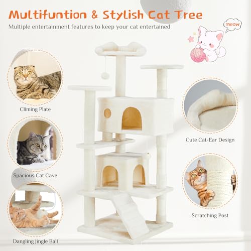 Sweetcrispy 54-Inch Cat Tree Tower – Multi-Level with Sisal Scratching Post, Perfect Pet Gift, Indoor Condo with Climbing Ladder, Plush Toy, and More Animal Stuff, Beige | Multi-Level with Indoor Cat Condo with Climbing Ladder, Plush Toy, Play House for P