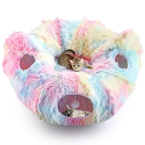 Cat Tunnel Bed, Collapsible Cat Tunnel with Washable Cushion,3-in-1 Multi-Functional Play Tunnel with Peek Holes & Ears, Indoor Playhouse for Cats Kittens Rabbits Small Dogs,Gift for Pet - color: Rainbow