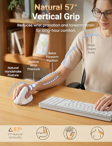 Ergonomic Vertical Wireless Mouse, 57°, Small/Medium Hands, White | Rechargeable, Quiet Click, 800/1200/1600 DPI, 2.4GHz USB Receiver, Forward/Back Buttons, Computer Mouse for Laptop PC Mac - color: White