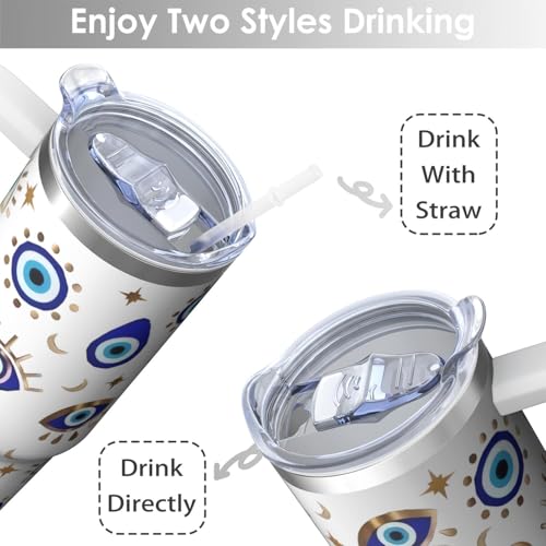 30oz Evil Eye Stainless Steel Tumbler with Handle and Straw, Evil Eyes Hand Insulated Cup Travel Coffee Mug Water Bottle with Lid and Straw, Women Gifts - color: EvilEye