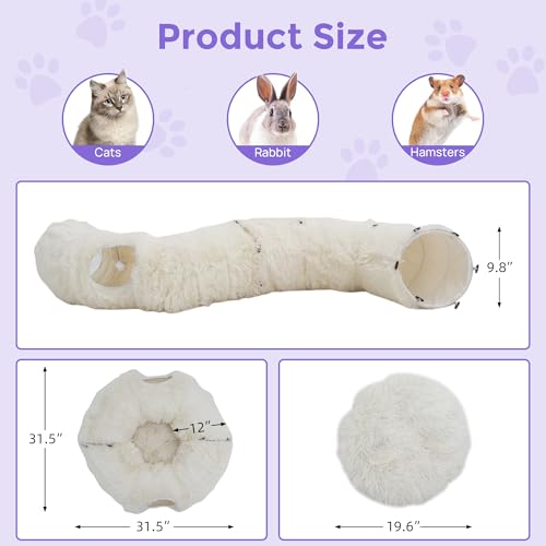 Cat Tunnel with Bed – Soft Plush Peekaboo Donut Cave for Indoor Cats | Under Christmas Tree Hideaway & Multifunctional Playground Toy for Kittens, Rabbits, Ferrets (Long-Pile Fabric White) - color: Long-pile fabric White