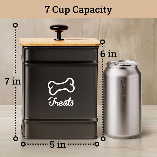 Dog Treat Container with Airtight Bamboo Lid, 5"W x 7"H, 7 Cup Capacity | Fits Most Popular Treats, 7 Cups Capacity, Airtight Bamboo Lid, Easy Open Metal Lid Handle, Dent-Resistant Durable Metal - color: Black - Small