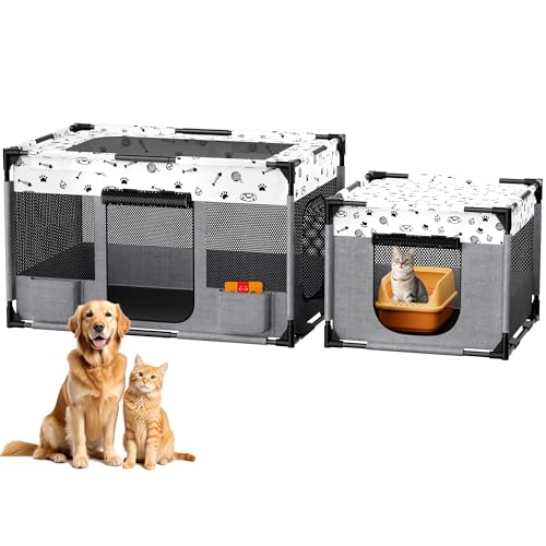 Portable Cat Playpen, Pet Dog Playpen, Kitten Puppy Play Pen for Indoor/Outdoor, Collapsible Cats Cages Enclosed Tent with Carrying Case, PVC Pipe Frame, 600D Oxford, 39" x 24" x 22"