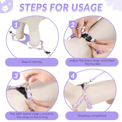 Lukovee Puppy Harness and Leash Set, No Pull, Lightweight Step in Vest | Adjustable, Soft Suede Vest, Easy Put on and off Pet Harness with Snap Buckle & 51in Leash for Small Medium Dogs (Purple, XS) - color: Purple Daisy, size: X-Small ( 5.5-11lb )