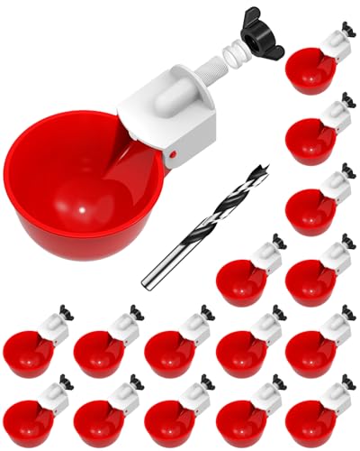 Chicken Waterer Cups (16 Pack) with 3/8" Drill Bit - Red | Automatic Poultry Drinker Feeder Kit for Chickens, Ducks, Turkeys, Quail, Bunnies | DIY Gravity Fed Bucket Water Dispenser - color: Red, size: 16 Pack + Drill bit