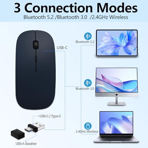 Slim Bluetooth Wireless Mouse with Jiggler - Blue | Rechargeable Portable Mouse, BT5.2 & 2.4G, USB-C/USB-A Receiver, Adjustable DPI for MacBook, iPad, Laptop & PC - color: Deep Blue