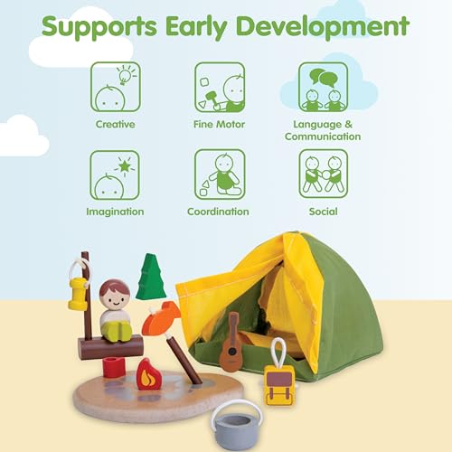 PlanToys Pretend Play Camping Set (6624) | Sustainably Made from Rubberwood and Non-Toxic Paints and Dyes | wooden camping play set, montessori imaginative role play, social skill development, open-ended adventure toys, kids toy - color: Toy