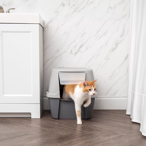 IRIS USA Large Front Door Cat Litter Box, Walk-in Entry, Gray | Easy Access Needs, Private Enclosure Design, Covered Walk-Through, Contained Environment, Privacy Hood - color: Dark Gray w/ Scoop, style: Jumbo Enclosed