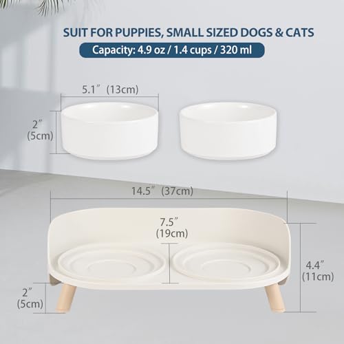 Elevated Dog Bowls Ceramic, Raised Cat Bowl Set for Food and Water, Mess Proof and High Wall Splash Guard with Non-Slip Stand Design for Small Cats Dogs - 2 x 320 ML (4.9 OZ) - White - color: White, size: Small