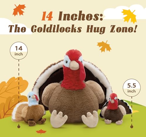 Thanksgiving Turkey Stuffed Animal with 3 Babies, 14" Fall Plush | 4Pcs Mother & Baby Turkey Plushies; Zipper Head Storage; Harvest Home Tabletop Decoration; Birthday & Christmas Gift for Kids - style: Turkey Red
