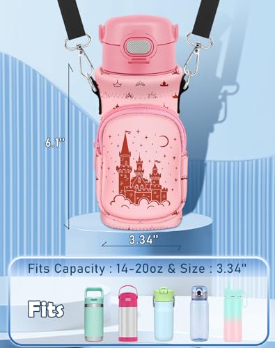 Water Bottle Carrier with Strap for Kids, 14-20 oz | Insulated, Neoprene Water Bottle Holder Bag with Pocket, Cute Cartoon, Bottle Bag for boys and girls, Walking Hiking Camping - color: Pink Castle
