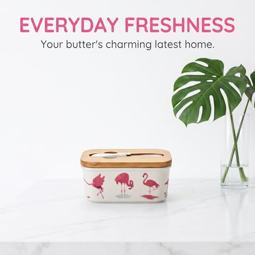 Cute Flamingo Print Ceramic Butter Dish with Bamboo Lid & Butter Knife, Covered Butter Keeper Container Fits Standard Western Butter Stick for Kitchen Countertop Fridge Storage - color: Flamingo