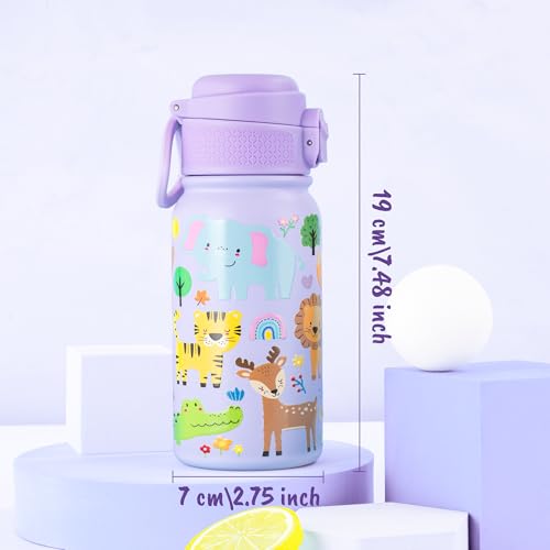 GOPPUS Kids Insulated Water Bottle 12oz, Leakproof Stainless Steel Thermos, BPA Free Double Wall Vacuum Insulated Bottle for School, Travel, Sports & Outdoor Activities, Boys Girls - color: Purple Zoo