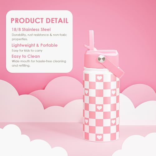 SANDJEST Checker Print Kids Water Bottle With Straw Lid 12oz Insulated Stainless Steel, Travel Tumbler, Pink Bow Gifts For Girls, Birthday, Christmas, Back To School - color: Checker 1
