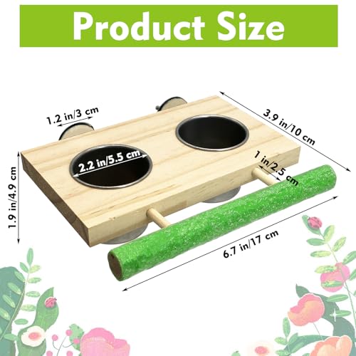Bird Feeding Dish Cups with Wooden Platform | Hanging Stainless Steel Parrot Cage Feeder Bowl Wood Perch Stand for Parakeet Cockatiels Lovebirds Budgie (Medium) - size: Frosted perch (Color random)