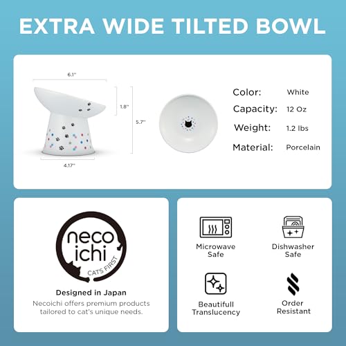 Necoichi Ceramic Elevated Food Bowl, 15° (Colorful Dots, Extra Wide Tilted) - color: Colorful Dots, size: Large Extra Wide Tilted