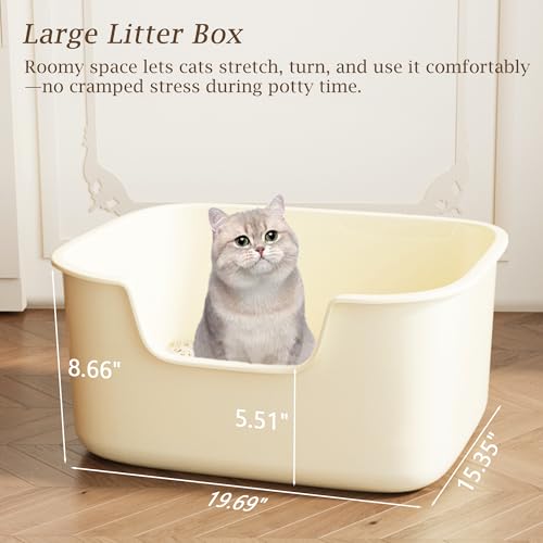 Large Cat Litter Box with High Sides, Side Entry Open Top Deep Tall Litter Pan, Kitty Litter Box for Indoor Small and Medium Cats, Creamy White (Anti-Splashing) 19.7" L x 15.4" W x 8.6" H - color: Creamy White