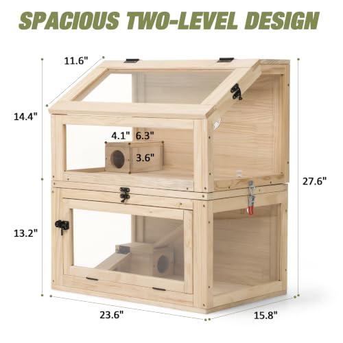 2-Tier Wooden Hamster Cage, 28"T Detachable Acrylic Habitat with Top Access | Ventilated Roof, Fold-Down Door, Closeable Passage, Dual Hideouts, Sliding Panels - color: Natural Wood, size: 23.6"L x 15.8"W x 27.6"H