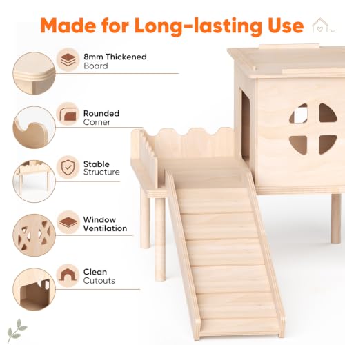 Guinea Pig Hideout, Guinea Pig House & Castle with Ramp, Platform | Multi Level Fun, Pet Friendly Wooden Board, Easy‑Climb Ramp, Well‑Ventilated Resting House, Available for Multiple Species - size: Style 2: 11.8 x 11 inches