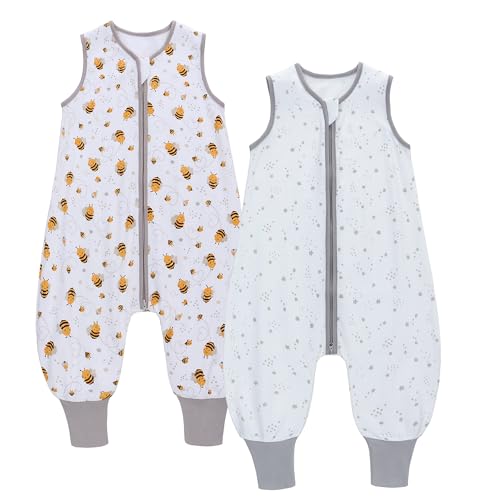Miracle Baby Sleep Sack with Feet, 0.5 TOG 100% Cotton Wearable Blanket with Legs, Sleeveless Sleeping Bag for Babies(2 Pack) - color: Bee + Star, size: S (6-18 Months)